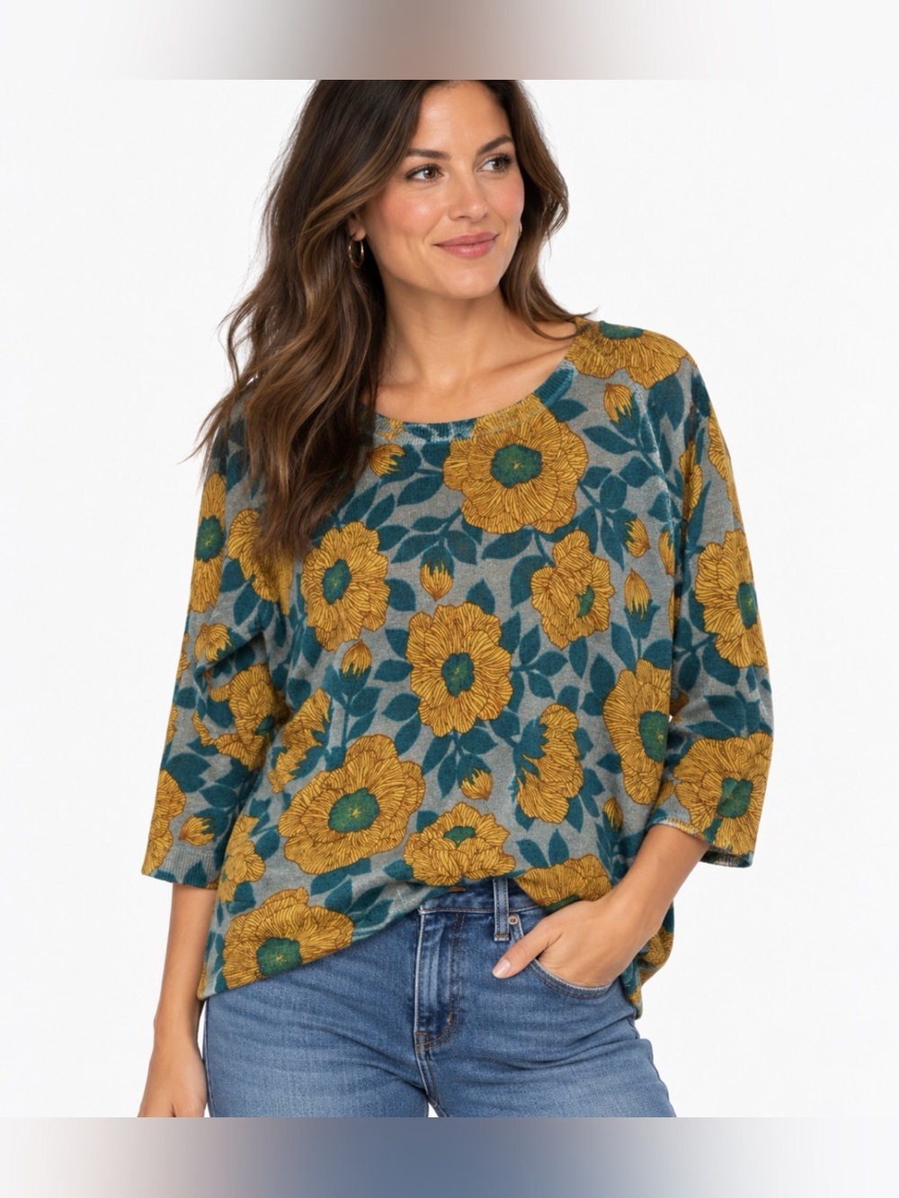 Nice Things Paloma S Floral Knit Sweater Top Mustard Teal Size M